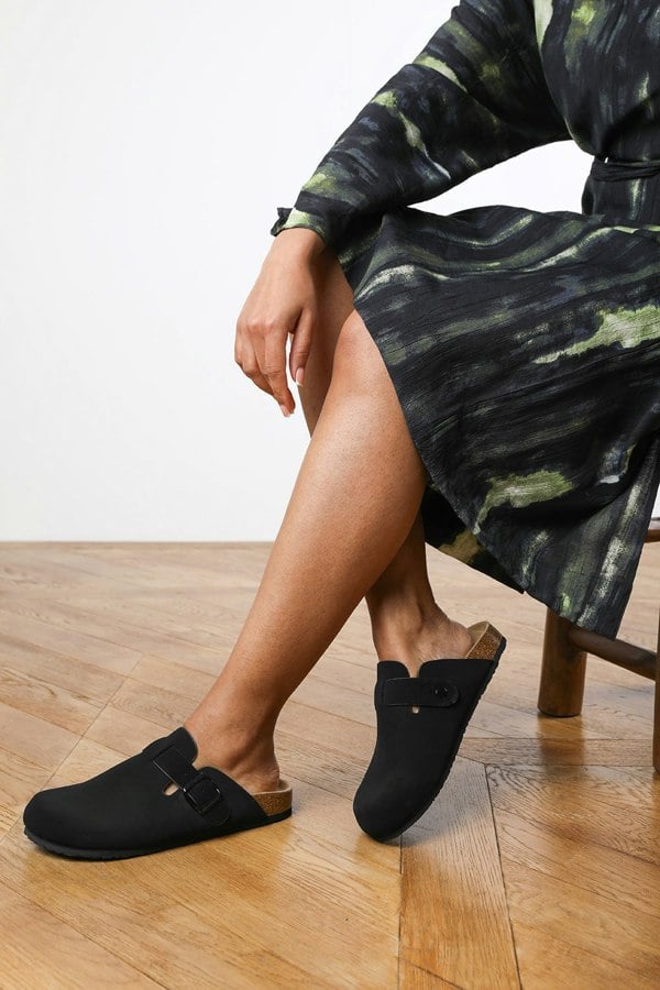 Where's That From Zara Clog Inspired Slider Sandal in Black Faux Suede