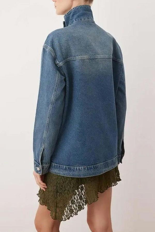 WOVCOR Double-Breasted Stand-Up Collar Denim Jacket