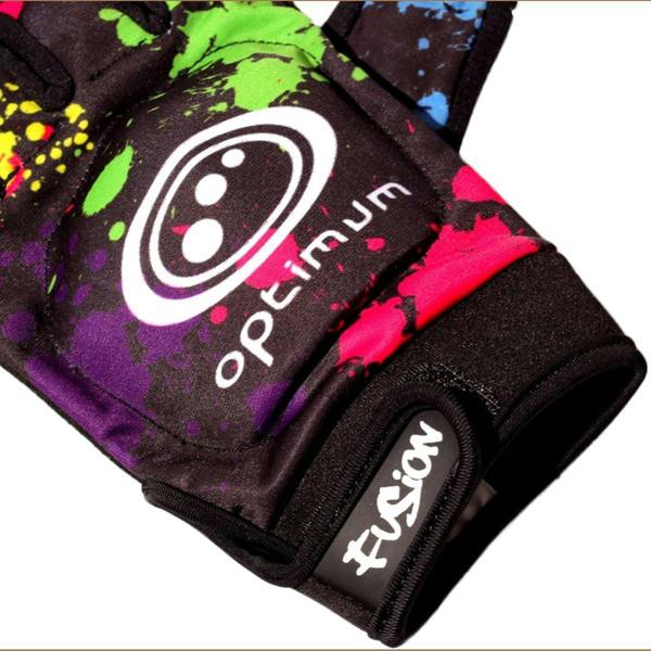 Close-up of black Optimum Fusion hockey glove with paint-splatter print, white logo and Fusion cuff tab - Optimum