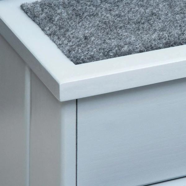 Gray carpeted top step on pet stairs with smooth light wood frame