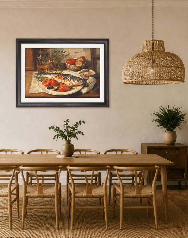 Exceptional Art Mediterranean Fish Supper - Black Hurstwood Frame