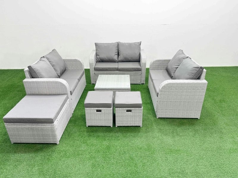 Fimous  9 Seater PE Wicker Rattan Furniture Sofa Sets with Square Coffee Table 2 Seater Love Sofa 3 Stool Light Grey