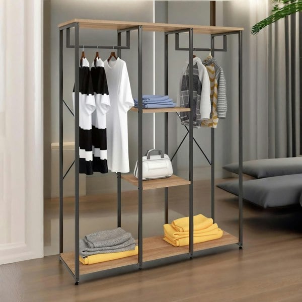 Rafaelo Mobilia Industrial Metal Open Wardrobe With Wooden Shelves