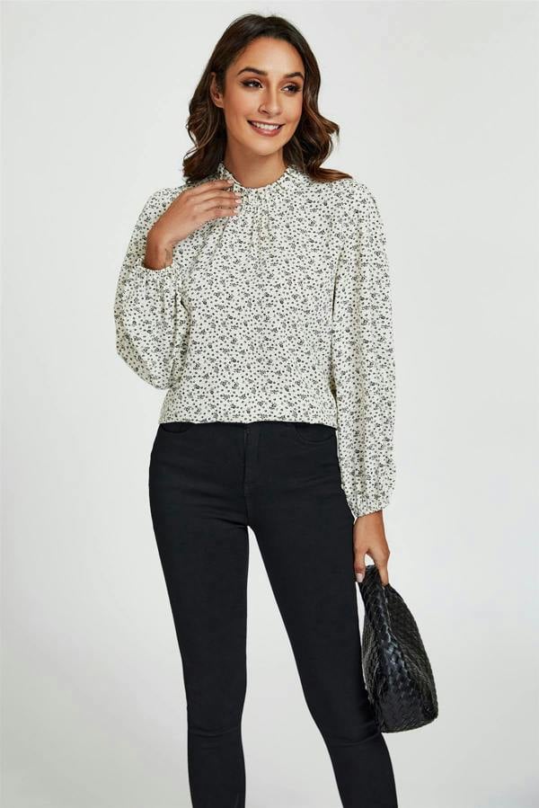 FS Collection Little Floral Print Frill Detail High Neck Top In White