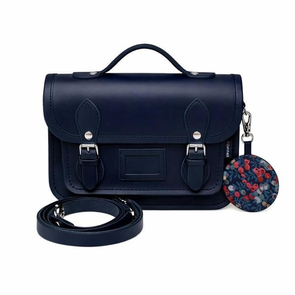 Zatchels Floral Lined Leather Midi Satchel - Navy