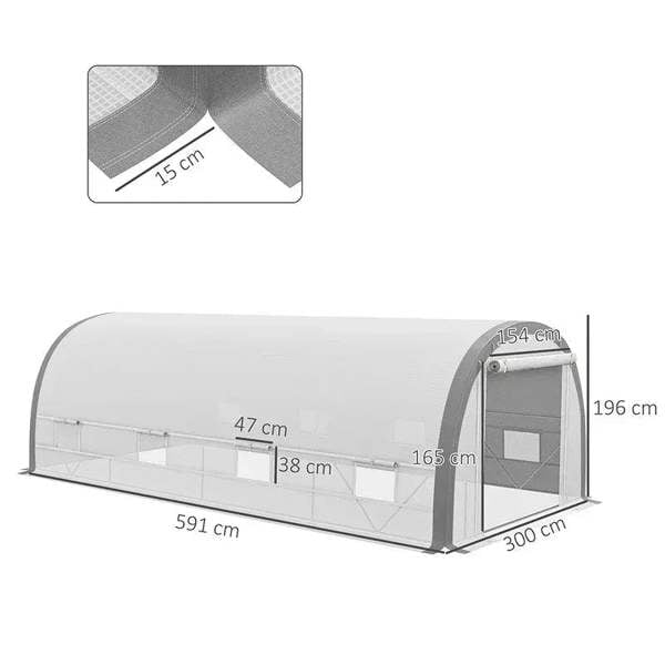 White poly tunnel greenhouse with front mesh door and clear side panels, shown with measurements