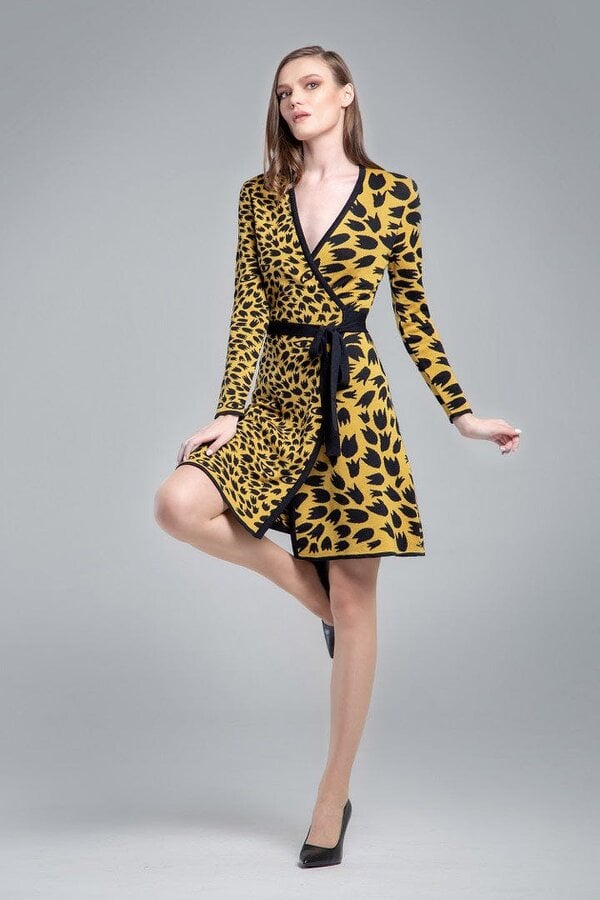Savannah jacquard-knit wrap dress with animal pattern in yellow
