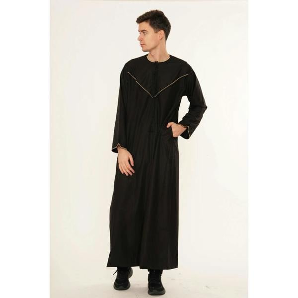 TT-007 - Men's Emirati Omani Gold Embroidery Thobe - Black - Thobez - 19