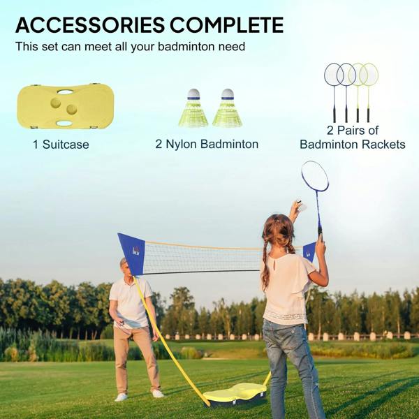 Badminton net set accessories with yellow suitcase base, rackets, and nylon shuttlecocks