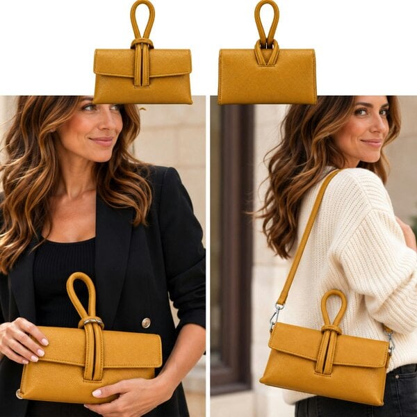 Love EMVY Italian Genuine Leather Knotted Loop Clutch & Shoulder Bag - Mustard