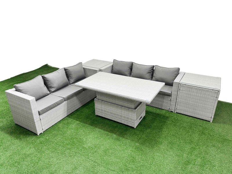 Fimous 5 PCs Rising Dining Table Set Rattan Furniture Set with 3 Seater Sofa 2 Side Tables Light Grey
