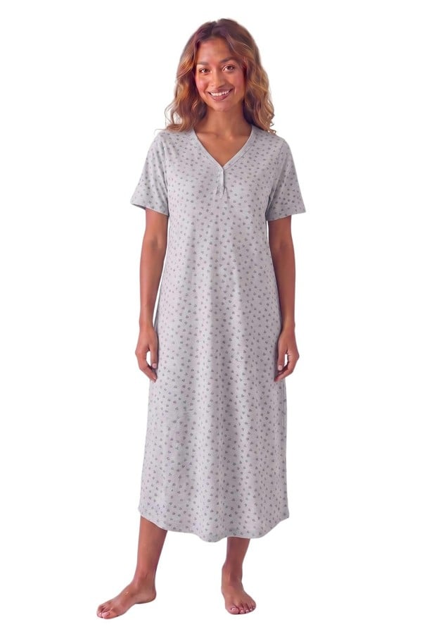 Camille Womens 100% Organic Cotton Classic Full Length Short Sleeved Nightdress - Grey Heart