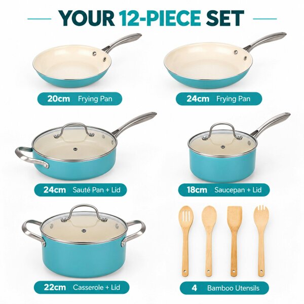 Gr8 Home 12 Piece Ceramic Non Stick Induction Cookware Set Teal Pots & Pans Lids Utensils