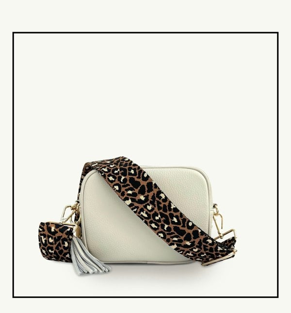 Apatchy London The Tassel Stone Leather Crossbody Bag with Tan Cheetah Strap