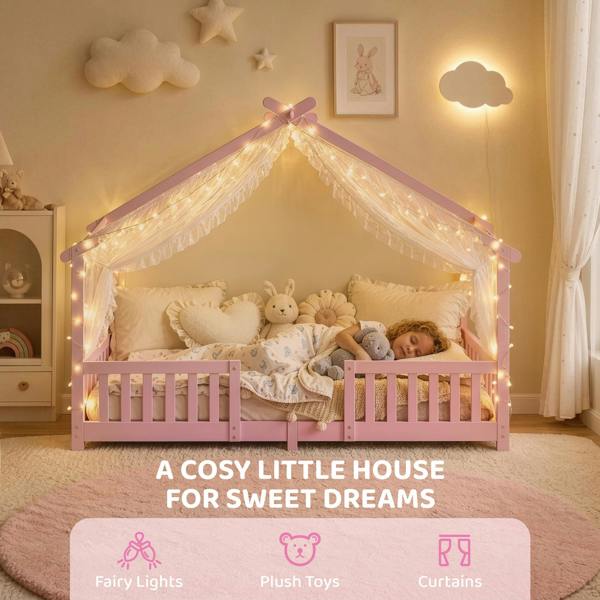 AIYAPLAY Wooden Kids Single House Bed Frame with Dual Guardrails