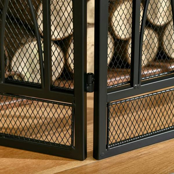 Black folding fireplace screen frame corner with hinge and mesh barrier