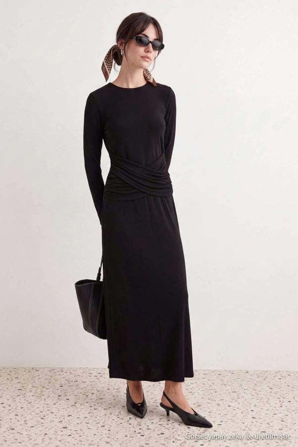 High Neck Long Sleeve A-Line Maxi Dress