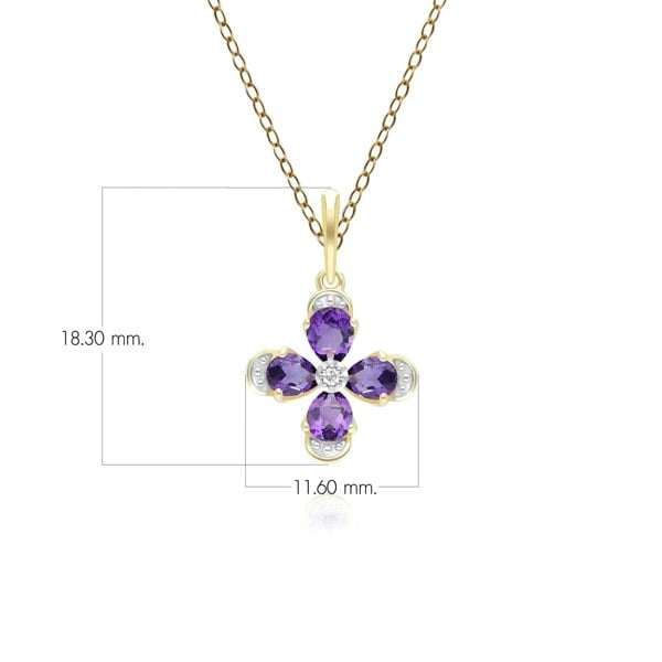 Gemondo Floral Amethyst & Diamond Pendant Necklace in 9ct Yellow Gold