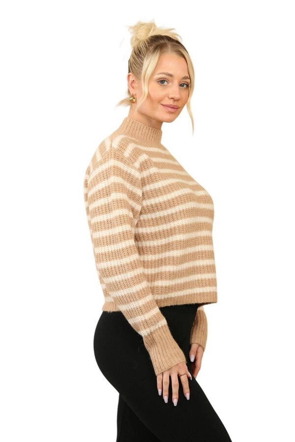 Elaina Fashion Cosy Striped Jumper with Mock Neck – Soft Acrylic Knit