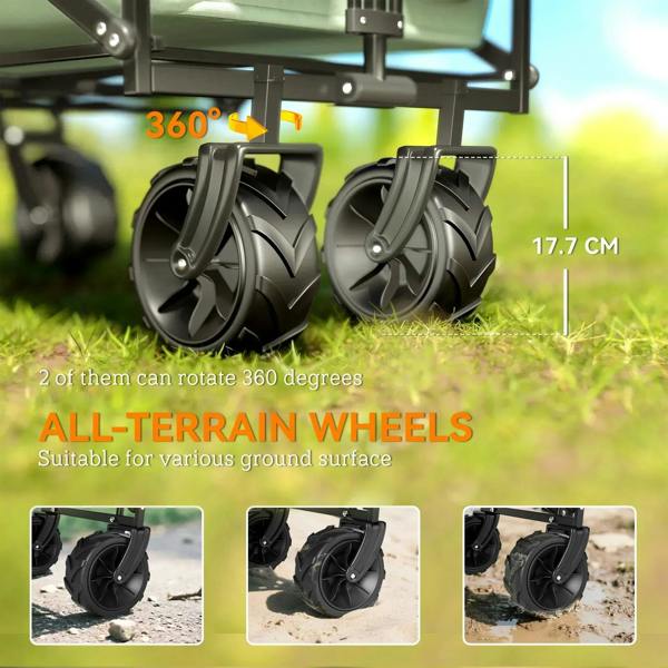 Green all-terrain folding cart with four large treaded wheels, rotating design