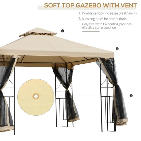 Double-canopy gazebo with sand top cover and black netted side curtains