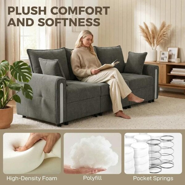 3 Seater Sofa with Lift-Up Storage, 228cm Comfy Velvet Couch with Wide Deep Seat, Dark Grey