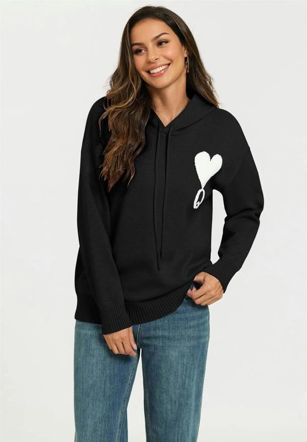 FS Collection Heart & Q word knitted hoodie In Black