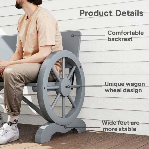 Fir Wood 2-Seater Outdoor Garden Wagon Wheel Bench, Grey