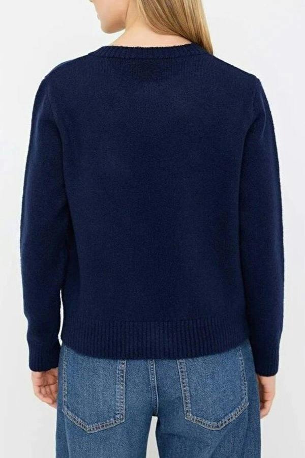 WOVCOR Crew Neck Soft Textured Dog Embroidered Knitwear Cardigan