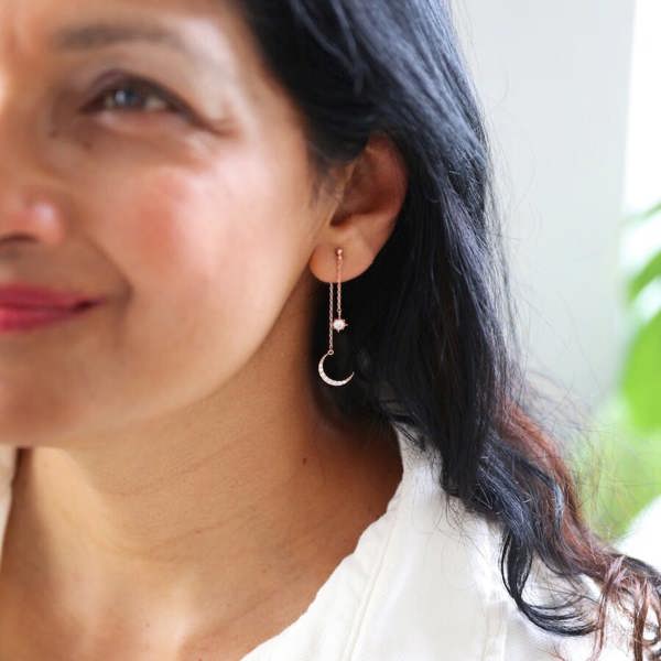 Rose Gold Crystal Star And Moon Double Drop Earrings - alternative angle