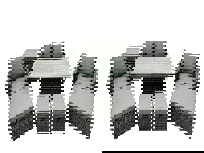 Fimous 8 Seater Rattan Garden Furniture Set with Adjustable Dining or Coffee Table, 4 Stools, 2 Chairs & 1 Side Table - Dark Grey