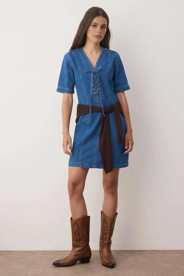 WOVCOR Eyelet Detail Mini Denim Dress