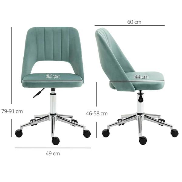 Green velvet mid-back office chair, padded seat, swivel base; side and front views