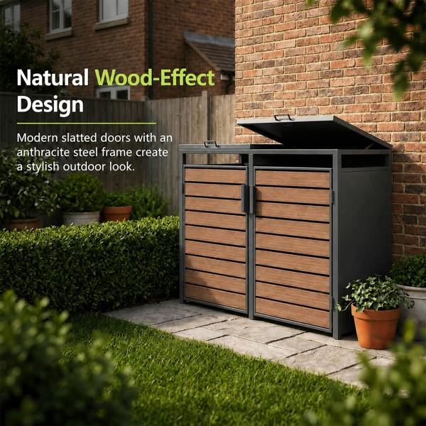 Nicoman Outdoor Metal Garbage Bin Shed with Wood Effect Doors