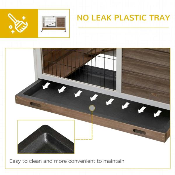 Brown wooden cage with solid tray base and ramp between two wire levels