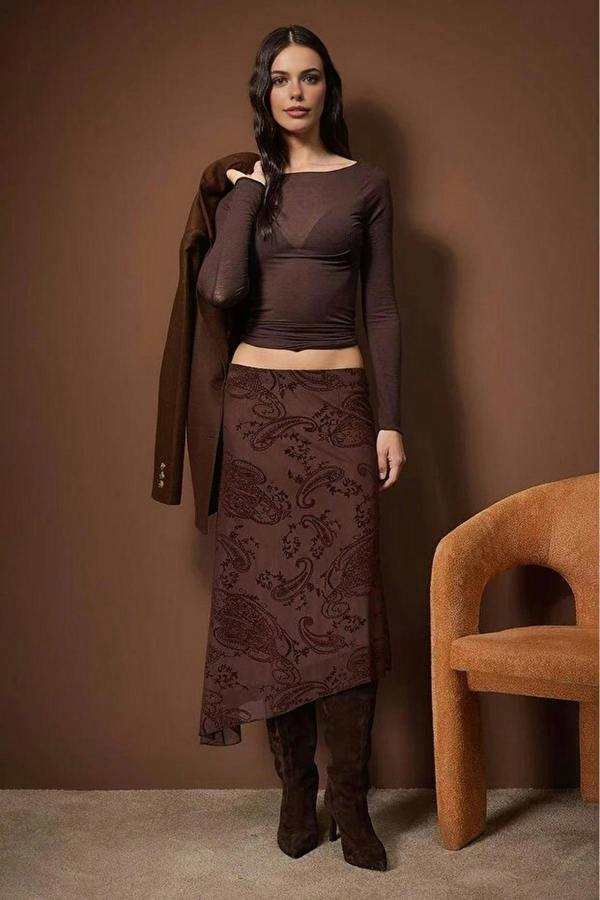 WOVCOR Asymmetrical Skater Stretch Tulle Knit Skirt with Flock Print