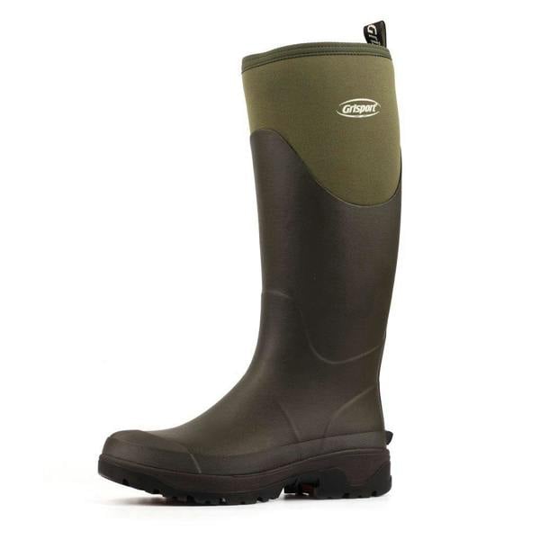 GriSport Mudmaster Men's and Women's Neoprene Fishing Hunting Farm Wellies Boots, ankle-high waterproof wellies in green and black with slip-resistant soles.