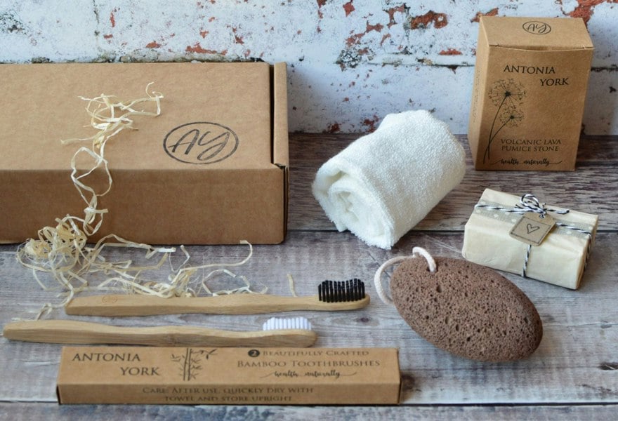 Antonia York Rio Self Care Spa Gift Box Eco Friendly Bamboo Face Cloth and Toothbrushes Pumice Stone Vegan Soap