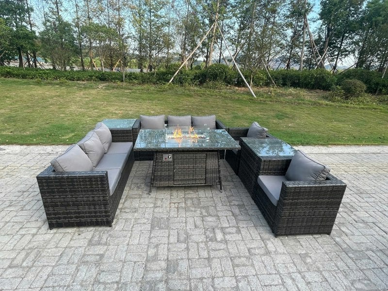 Fimous Outdoor Rattan Garden Furniture Gas Fire Pit Dining Table Sets Gas Heater Lounge Chairs Side Tables Dark Mixed Grey 8 Seater