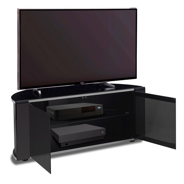 MDA Designs Sirius 850 Remote Friendly BeamThru Glass Door Gloss Black with Silver Trims Cabinet up to 40" LCD/Plasma/LED TV Stand
