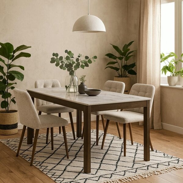 Wyld Haus Cork 180cm Rectangular Cream Ceramic Dining Table with Oak Veneer Base