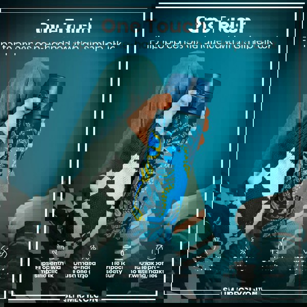 A dark-blue water bottle, featuring a dinosaur design, is held; its flip top opens one-handed. The bottle is described as having triple lock security and is leak-proof. The context is a person wearing a checkered sweater and teal socks.