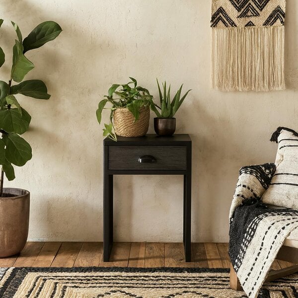 Wyld Haus Rimini Slate Grey Oak and Black Bedside Table with Drawer