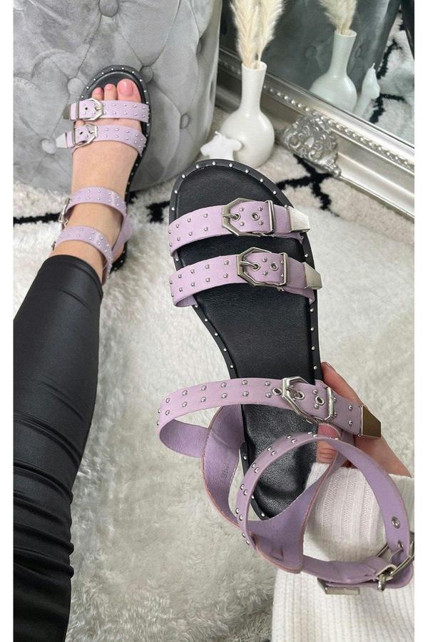 Maren Studded Double Buckle Sliders - Lilac