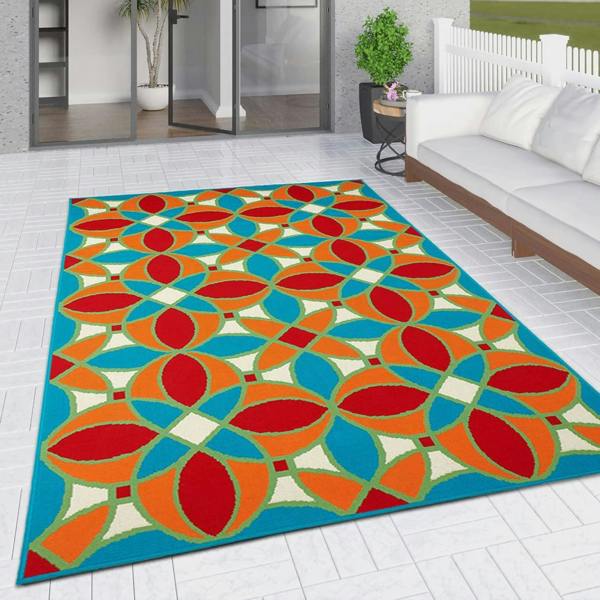 Outdoor Rug Moroccan Trellis Orange Blue Red Mat Large Small XL for Decking Patio Garden Multi Colour Flatweave Carpet