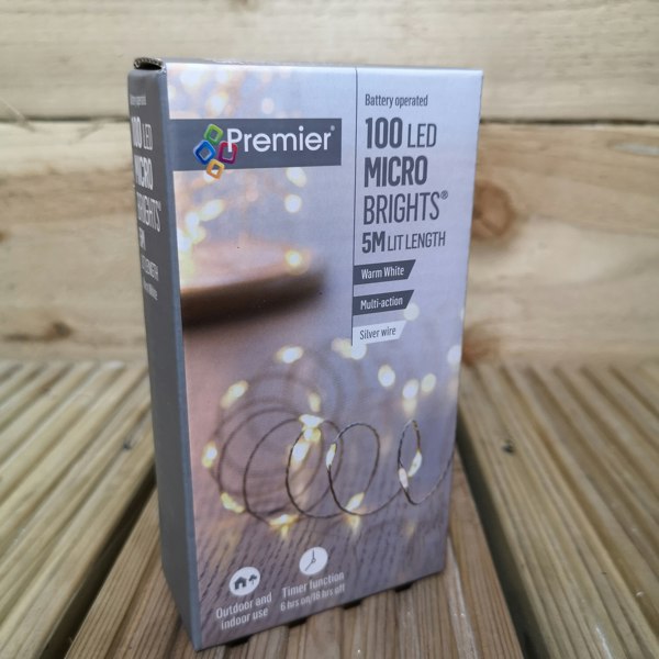 Samuel Alexander 100 LED 5m Premier MicroBrights Indoor Outdoor Christmas Multi Function Battery Operated Lights with Timer on Pin Wire in Warm White
