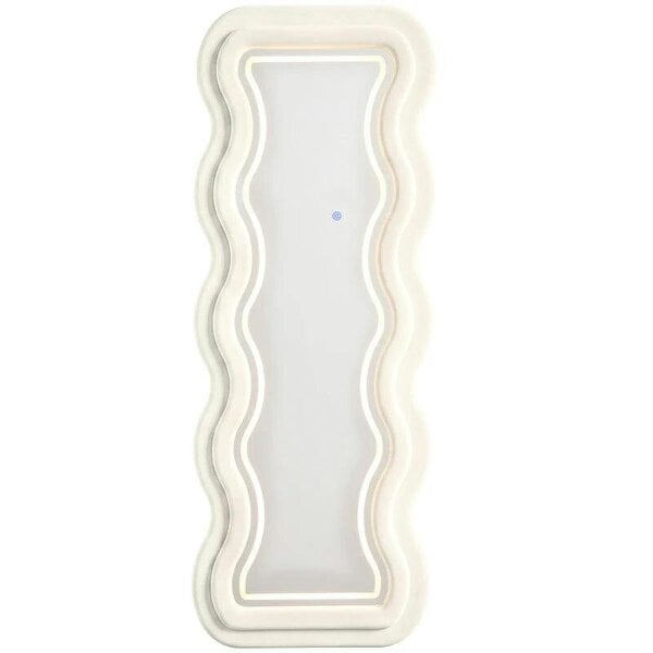 Full Length Mirror, 160 x 60 cm Wavy Full Body Wall Standing Mirror with Velvet Frame and LED Light Strip, Cream White