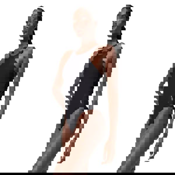 Speedo solid highneck crossback swimsuit in dark grey with adjustable straps