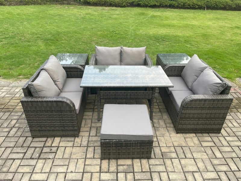 Fimous 7 Seater Outdoor Rattan Garden Furniture Set with Patio Rectangular Dining Table Love Sofa 2 Side Tables Big Footstool Dark Grey Mixed