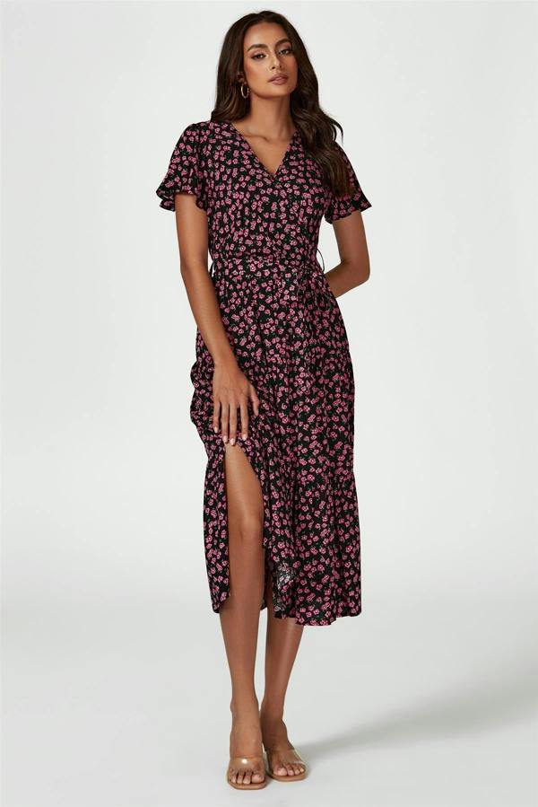 FS Collection Pink Floral Print Wrap Midi Dress In Black